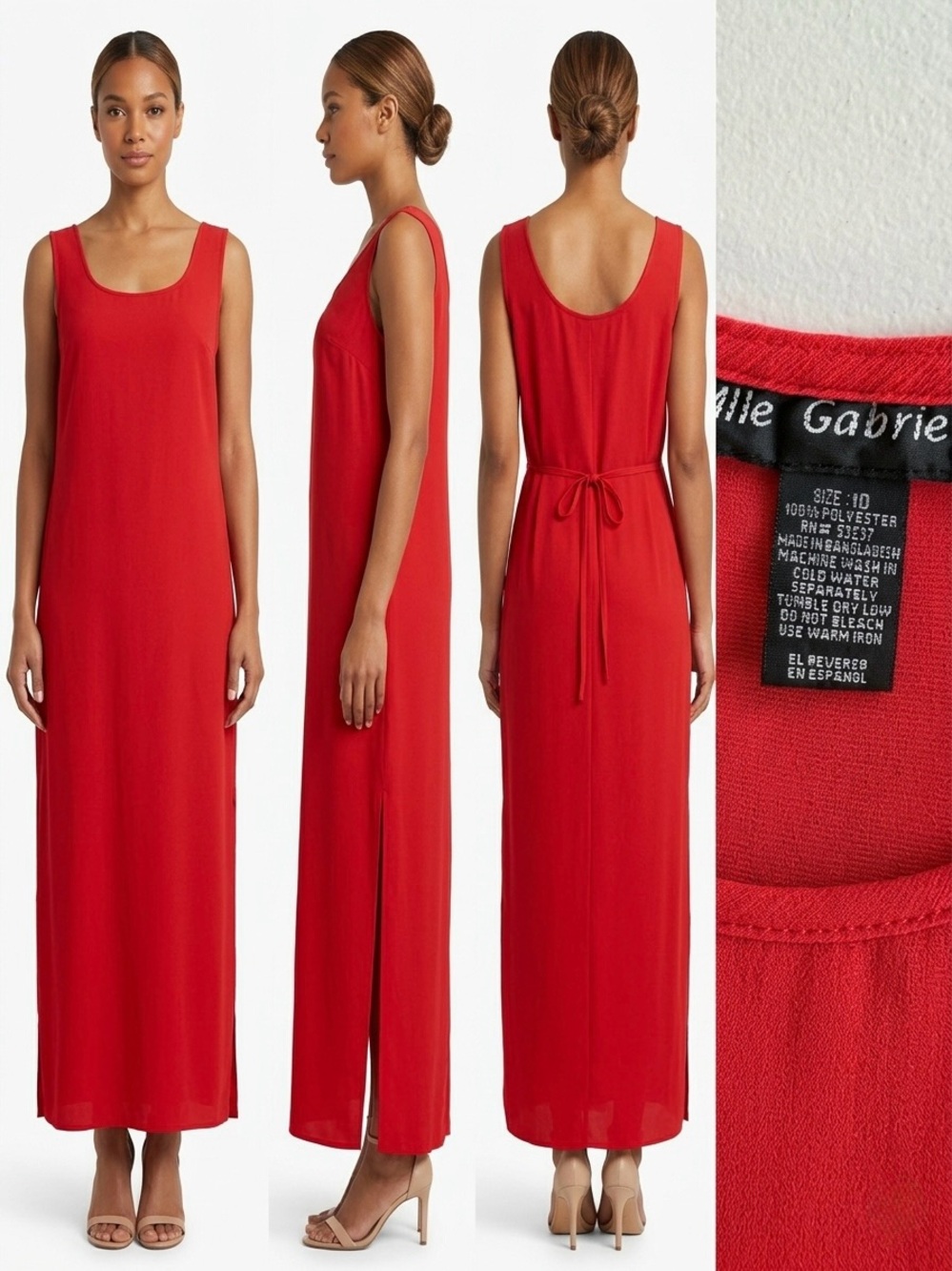 Mlle Gabrielle Red Scoop Neck Maxi Dress Tie Back Side Slit Sleeveless Size 10